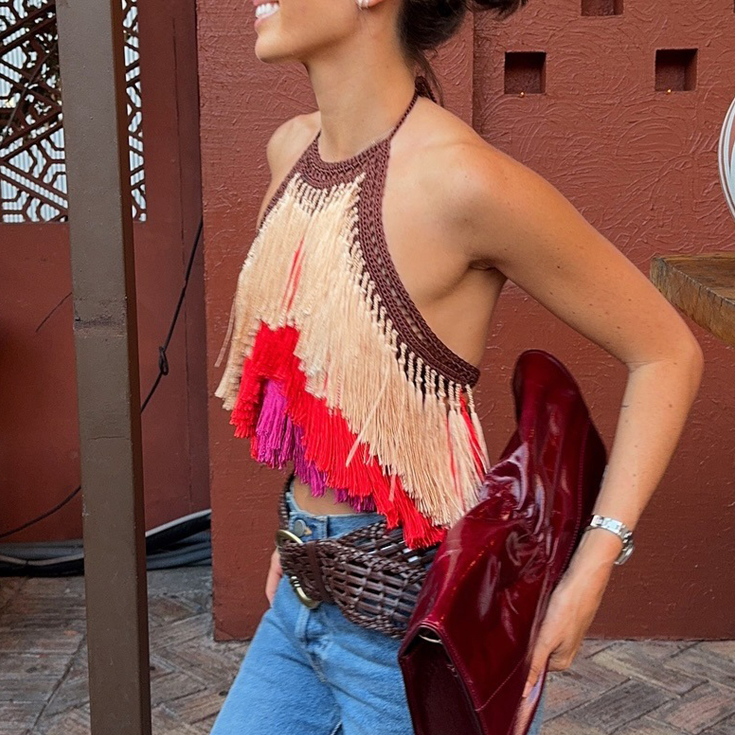 Nouveauté 2026 – Débardeur court en tricot pour femme, style bohème sexy, dos nu, sans manches, avec franges, couleur contrastante, idéal pour l'été et les festivals