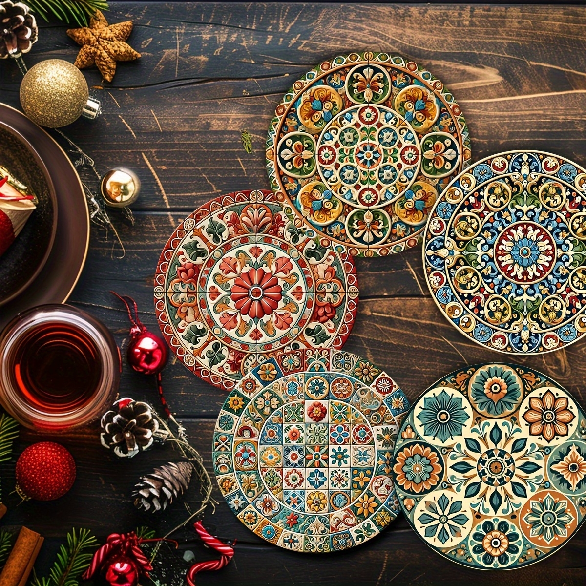 Ensemble de sous-verres en bois 2D Mandorla marocain, marqueurs artistiques circulaires pour boissons, café, thé, décoration de Table à manger pour la maison, 8 pièces