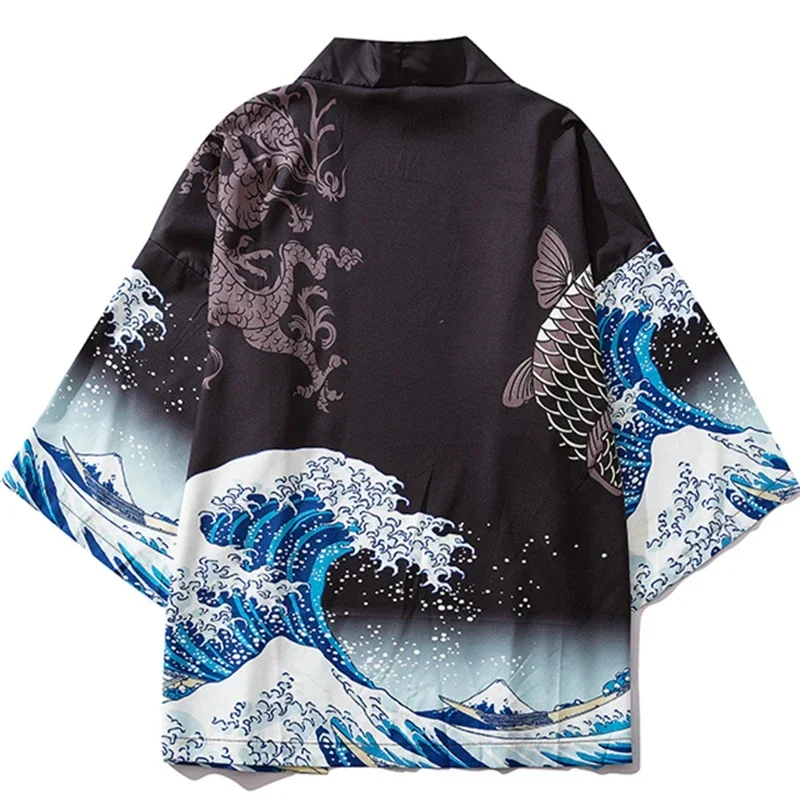 Cardigan Kimono noir pour femmes et hommes, Obi japonais, Yukata, Haori, manteau imprimé de carpe ondulée japonaise, vêtements traditionnels japonais