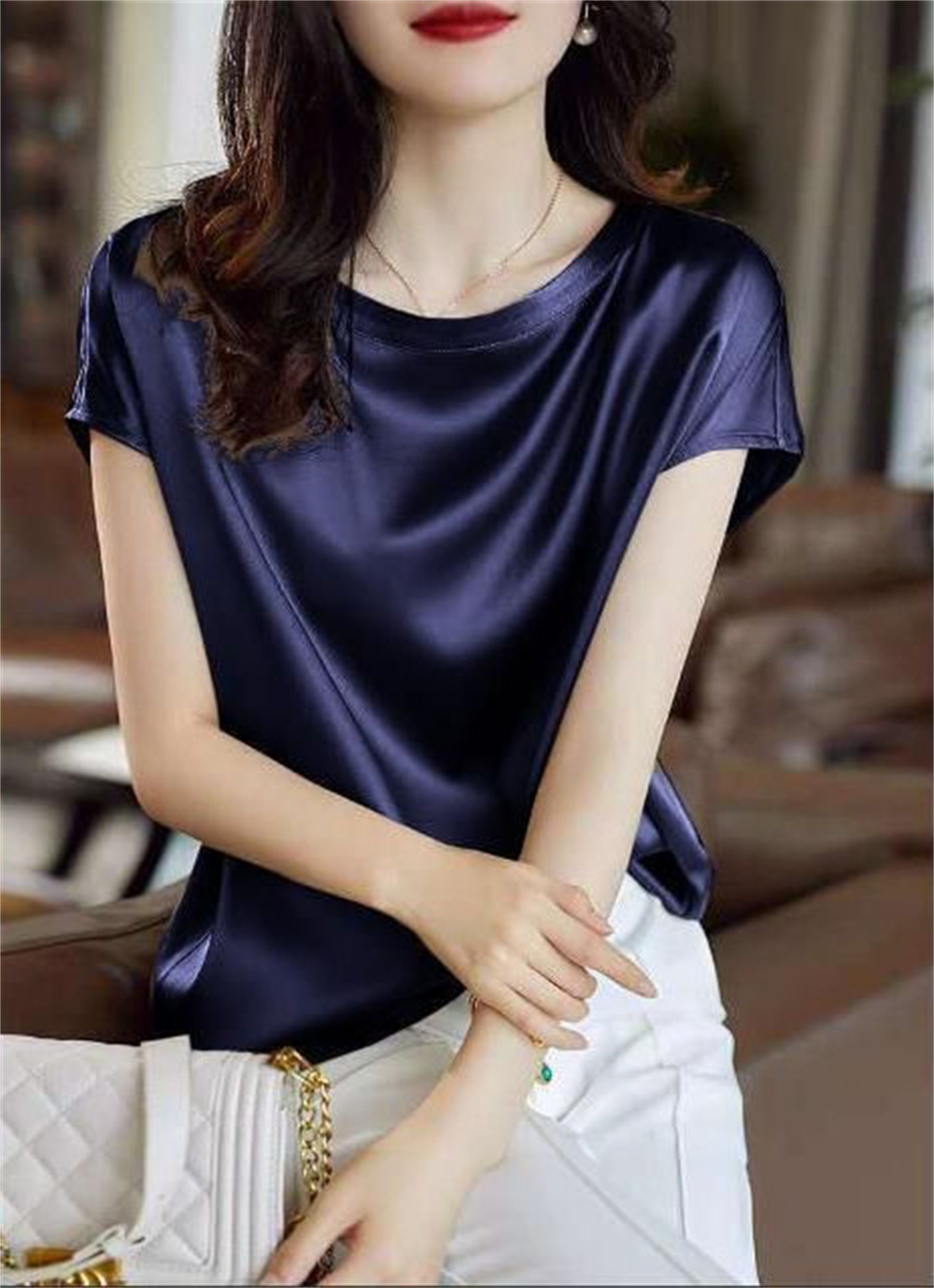 Chemises en satin de soie pour femmes, t-shirts à manches courtes lisses et brillants, chemisiers pull décontractés, amples et élégants, hauts de travail