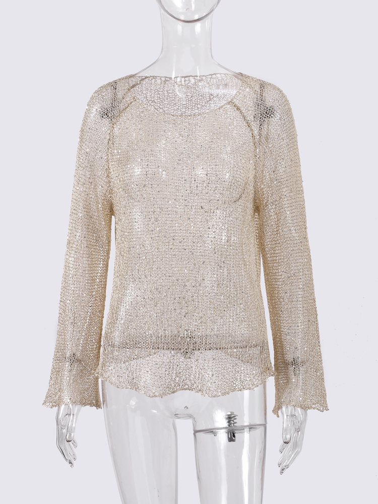 Pull évidé à paillettes pour femmes, col rond élégant, haut à manches longues, pull chic pour femme, mode printemps, 2025