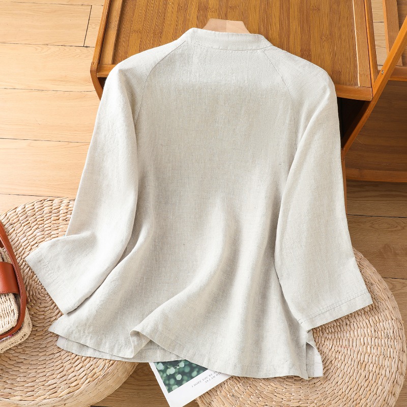 Chemisiers pour femmes de Style chinois chemise brodée coréenne mode ample printemps/été vêtements en coton et lin trois quarts haut pour femme