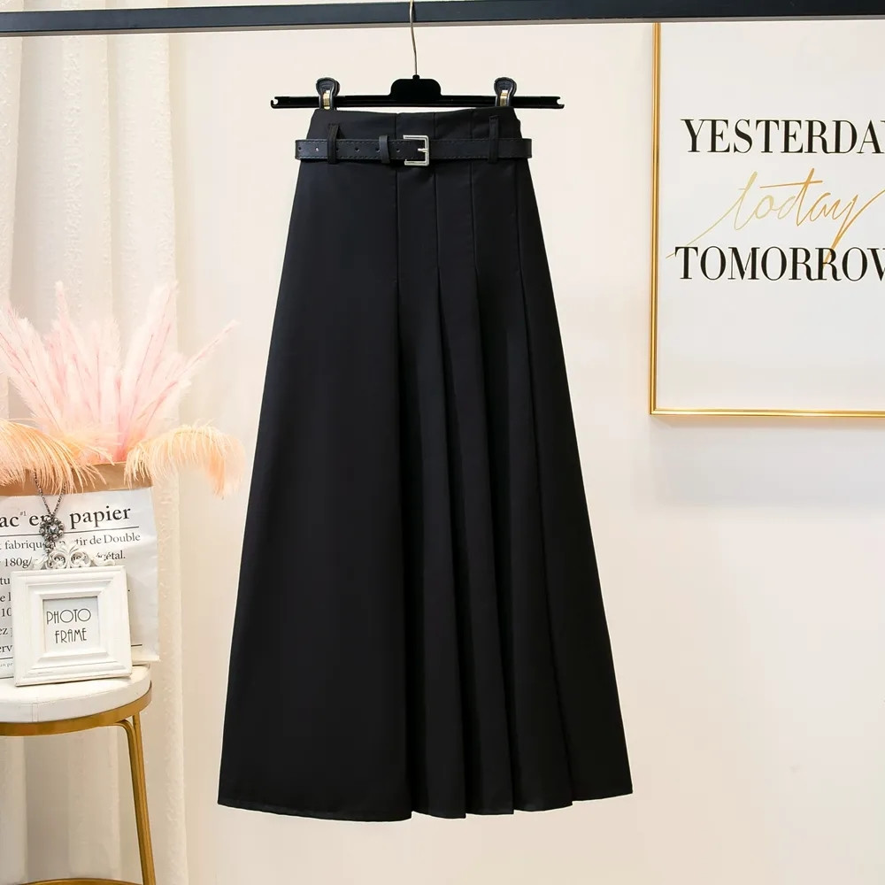 Costume noir pour femmes, jupe longue plissée avec ceinture, tempérament coréen gris, mode fine, jupe trapèze, Streetwear, été automne