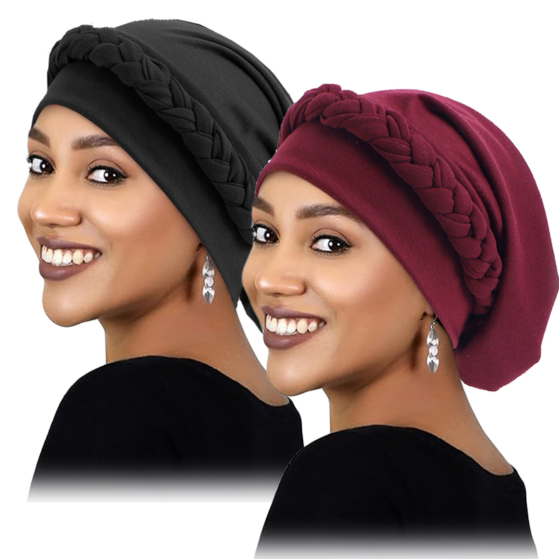 Turban élastique tressé pour femmes, 2 pièces/lot, chapeau torsadé musulman, chapeau contre le Cancer, casquette de chimio, couverture enveloppante pour cheveux, couvre-chef islamique