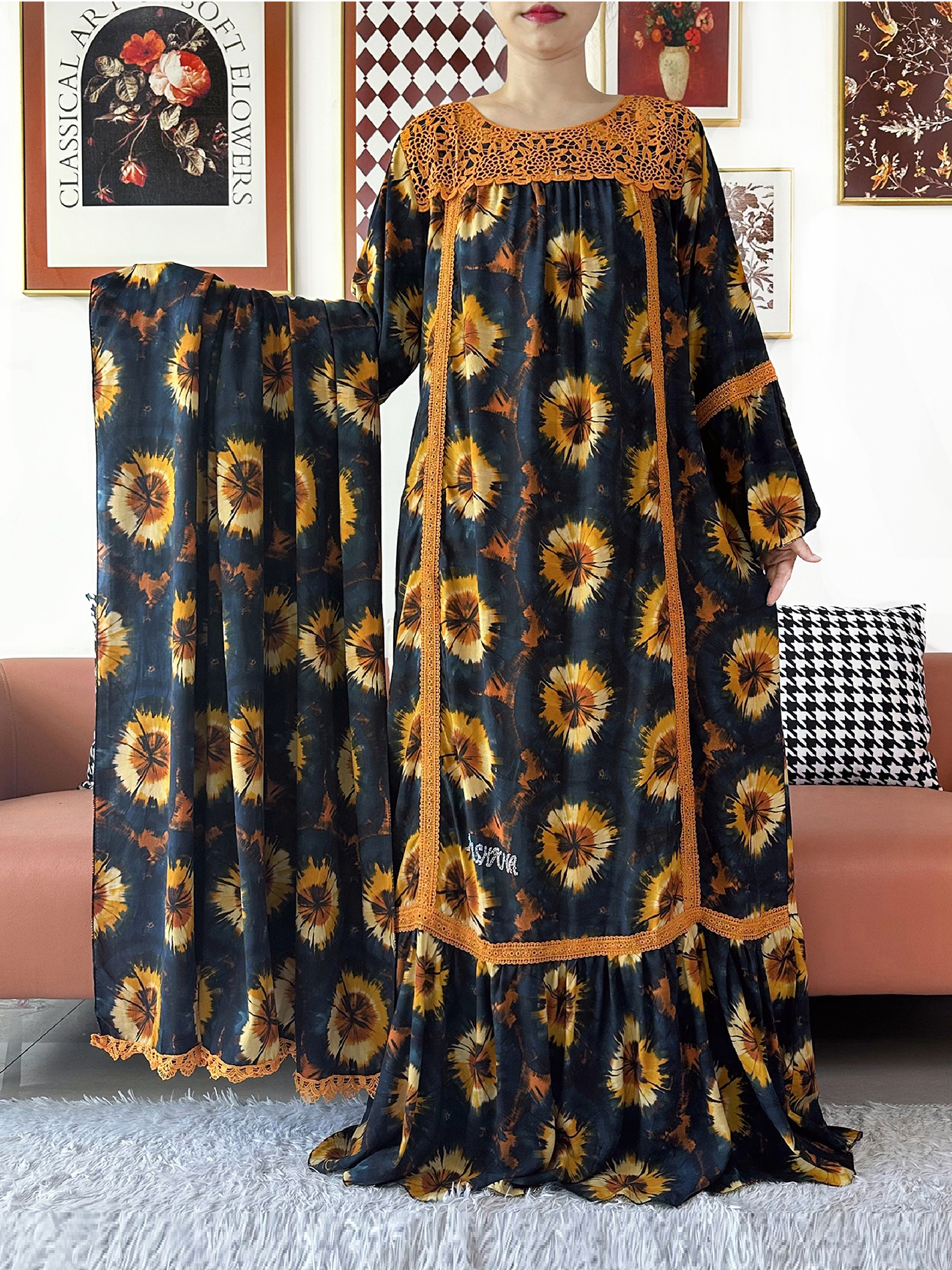 Nouvelle Robe de Soirée pour Femme, Style Kashkha, Broderie Florale en Dentelle, Abaya en Coton, Boubou Africain, Kaftan Ample Musulman, Robe Longue pour le Ramadan
