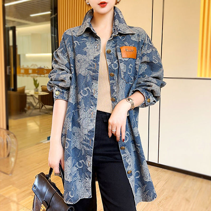 Chemise en Denim ample Vintage pour femmes, vêtements décontractés à col rabattu, chemisier imprimé à simple boutonnage pour les déplacements, printemps automne
