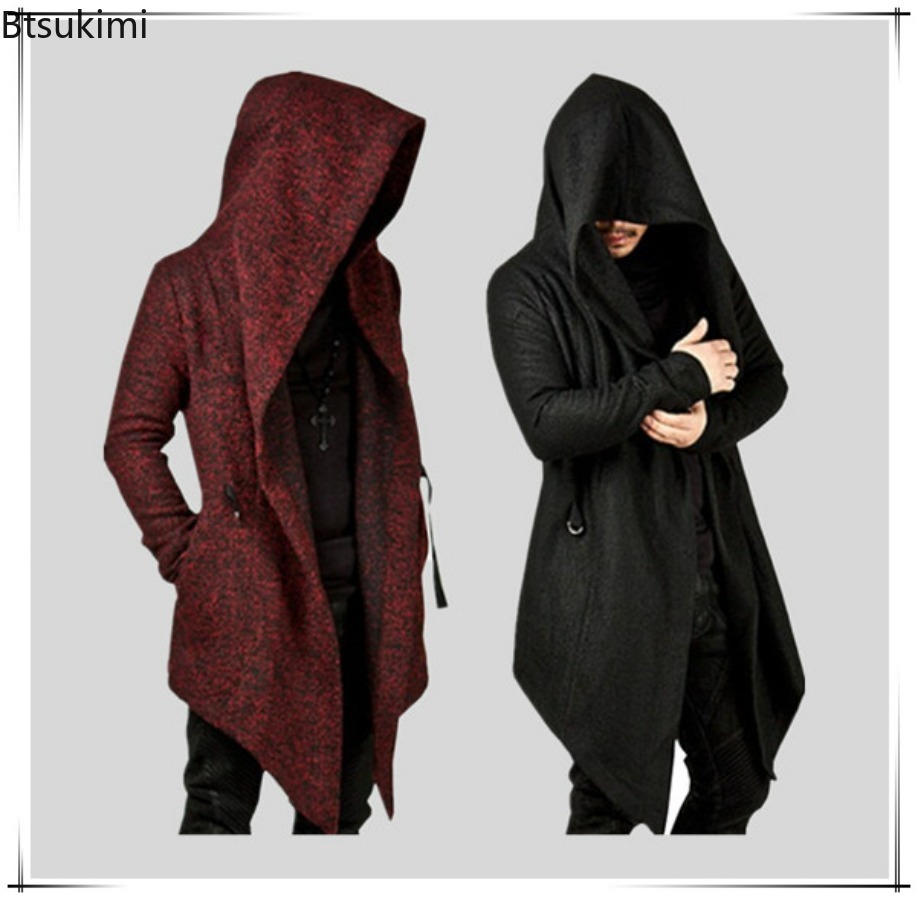 Men's Fashion Hoodies Cardigan Solid Pocket Loose Trench Jackets Casual Open Stitch Gothic Hooded Long Cloak Cape Coats for Men