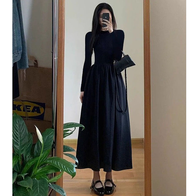 Robe longue noire pour femmes, style coréen, taille haute, col mi-haut, élégante, fête, manches longues, nouvelle collection automne hiver