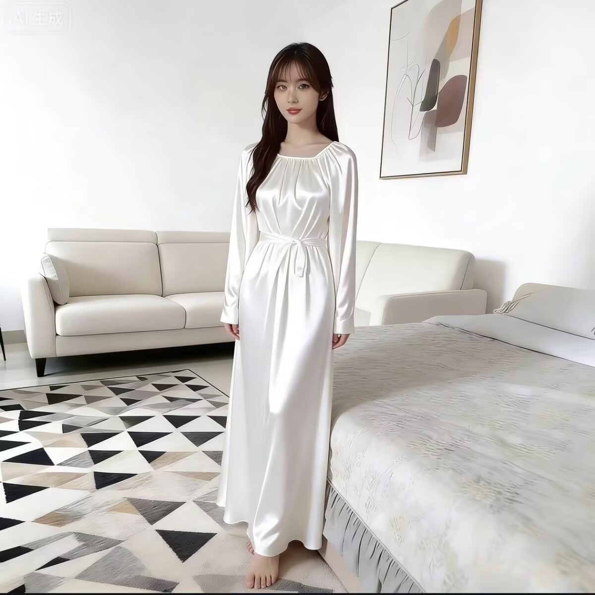 Robe de nuit unisexe en soie glacée brillante avec ceinture, longue robe en satin, pyjama ample, robe maxi, pull-over, robes élégantes, vêtements de nuit