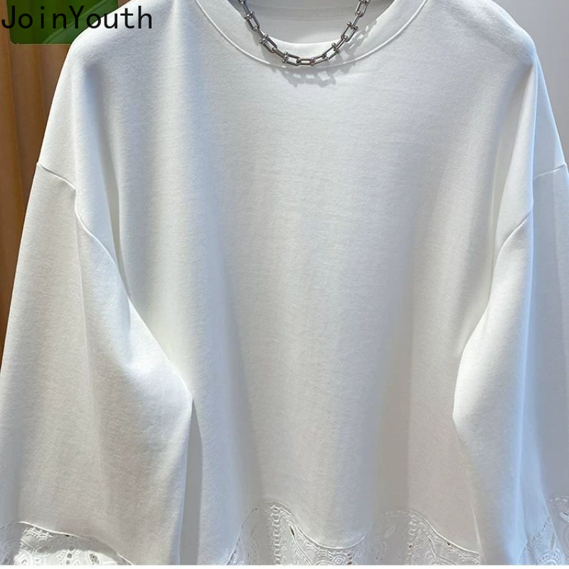 T-shirts surdimensionnés vêtements pour femmes Patchwork dentelle à manches longues t-shirts col rond décontracté Camisetas mode T-shirt blanc 2025 Ropa Mujer