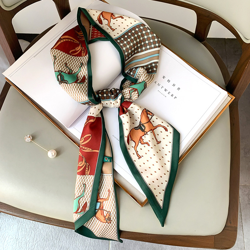 Long sac en soie cravate cou maigre écharpe bandeau Foulard cheval imprimé marque dame Foulard ruban 2024 printemps nouveau