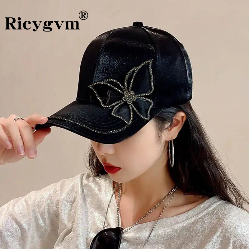 Casquette de Baseball pour femmes, strass papillon, Chic, mode féminine, chapeau à visière, soie brillante, Satin, queue de cheval, Bonnet, pare-soleil à Long bord