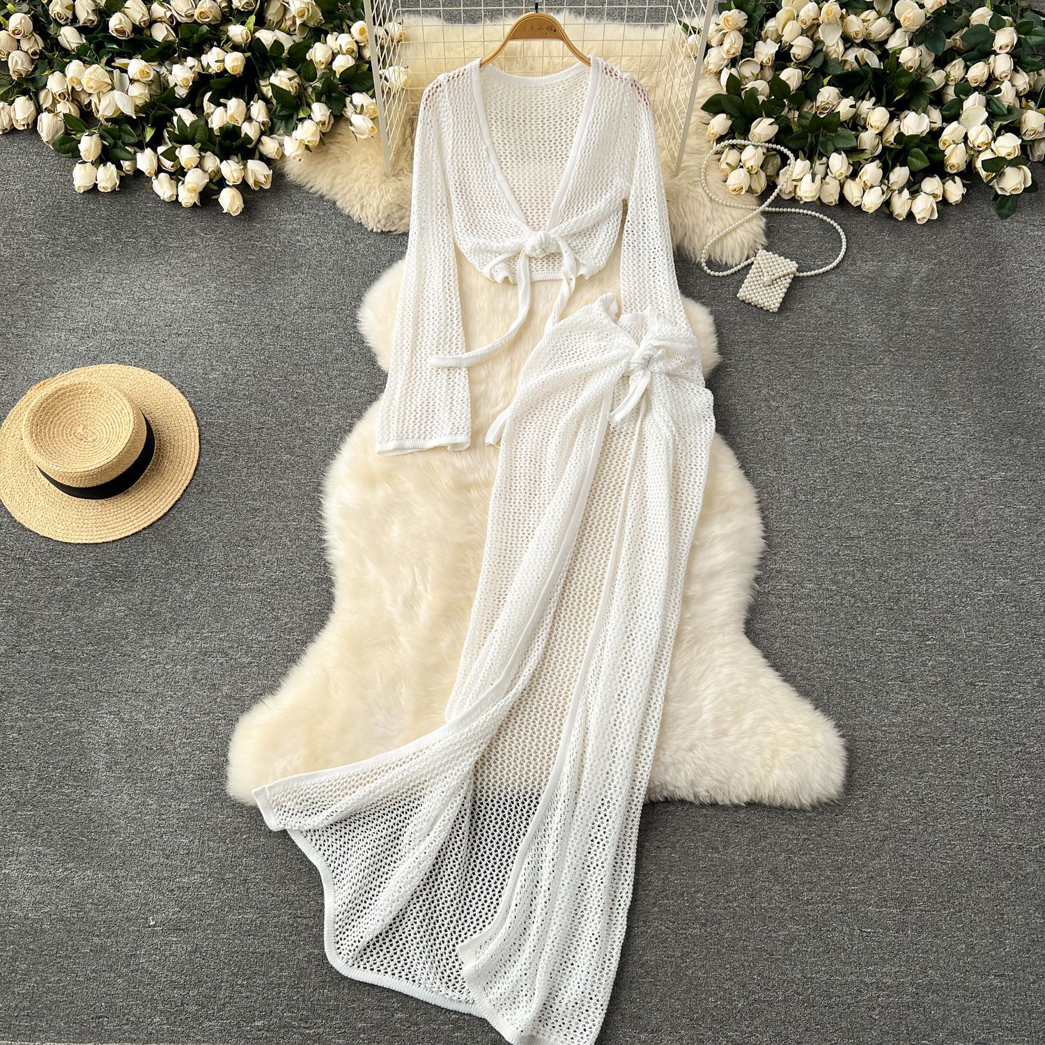Ensemble 2 pièces tricoté pour femmes, décontracté, tendance, couleur unie, tasses à manches longues, Cardigans, jupes ajourées, vêtements féminins, vacances à la plage
