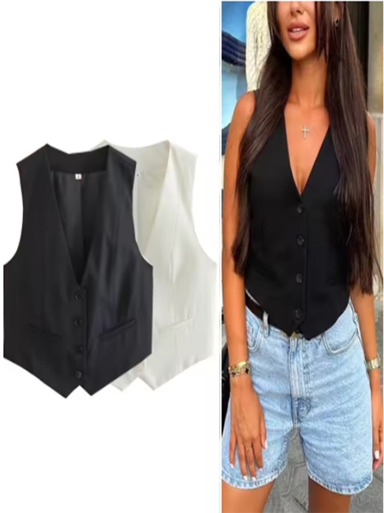 Gilet court à simple boutonnage pour femme, col en V, poche, mode décontractée, fibre recadrée, manteau Streetwear simple, été, 2024