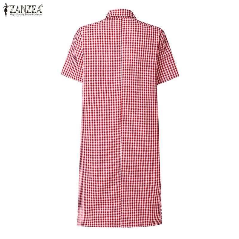 Robe minimaliste à carreaux pour femmes, col rabattu, manches courtes, demi-boutons, longueur aux genoux, robe chemise décontractée ZANZEA