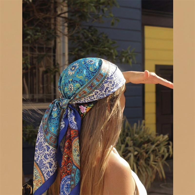 Foulard carré en satin de soie pour femme, 90x90cm, printemps-été, écharpe de plage, bandana, bandeau pour cheveux