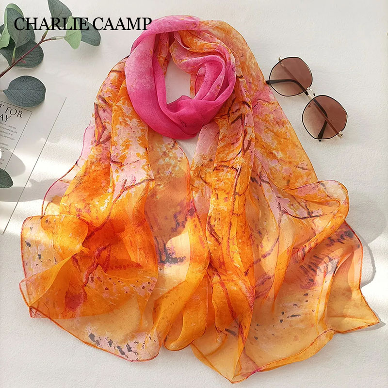 Été arbre de vie en mousseline de soie crème solaire Foulard en soie plage longues écharpes châle femmes léger respirant Georgette Foulard Bandana