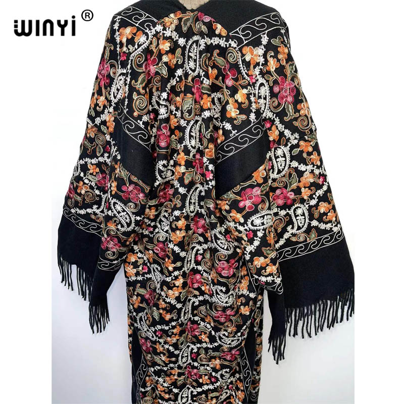 WINYI hiver femmes gland Pashmina broderie Long manteau ample revers robe femme épais chaud taille libre moyen-orient femme KIMONO