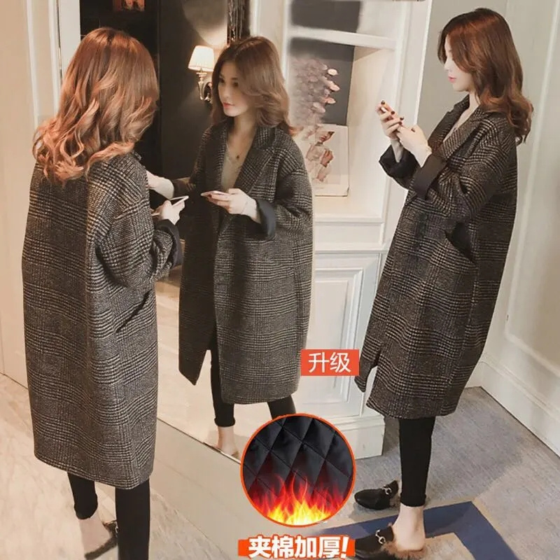 Manteau à grille mille oiseaux pour femmes, veste en Y en laine mélangée, vêtements d'extérieur au-dessus du genou, mode coréenne, automne et hiver