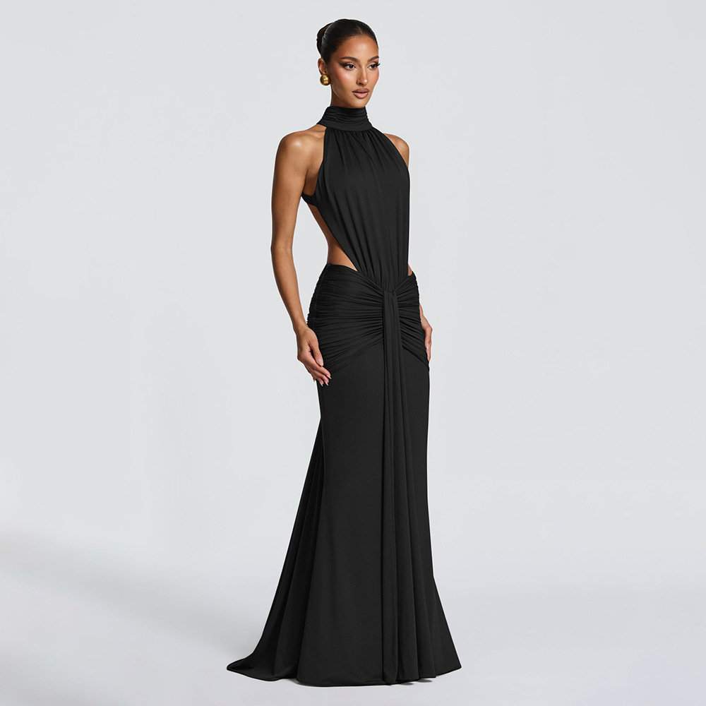 Robe longue de luxe à col roulé et dos nu pour femme, sexy, élastique, moulante, ajourée, maxi, pour soirée d'été, club, marron, noir, rouge