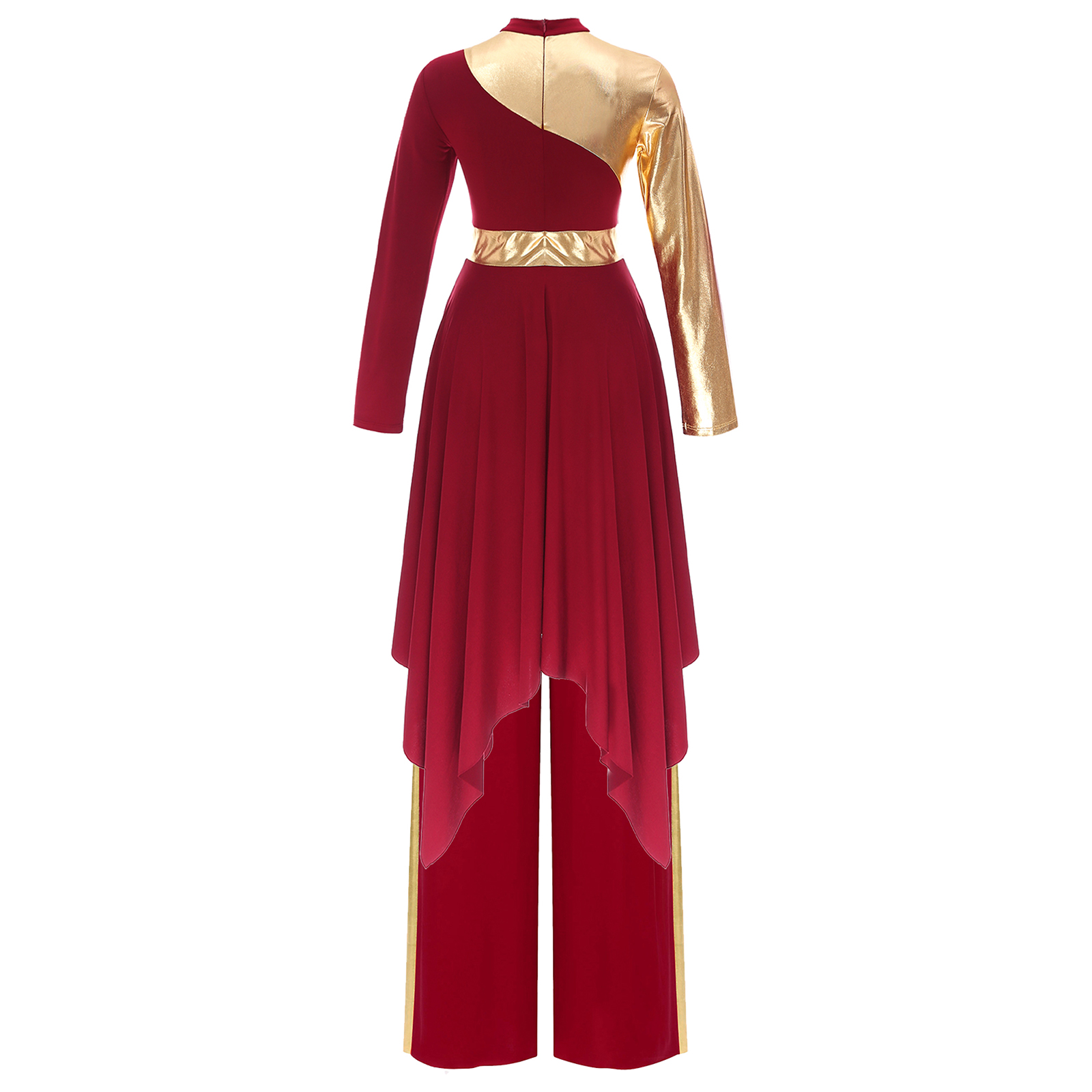 Tenue de danse liturgique pour femmes, manches longues, ourlet asymétrique, robe de couleur contrastée avec Patchwork métallique, pantalon à jambes larges