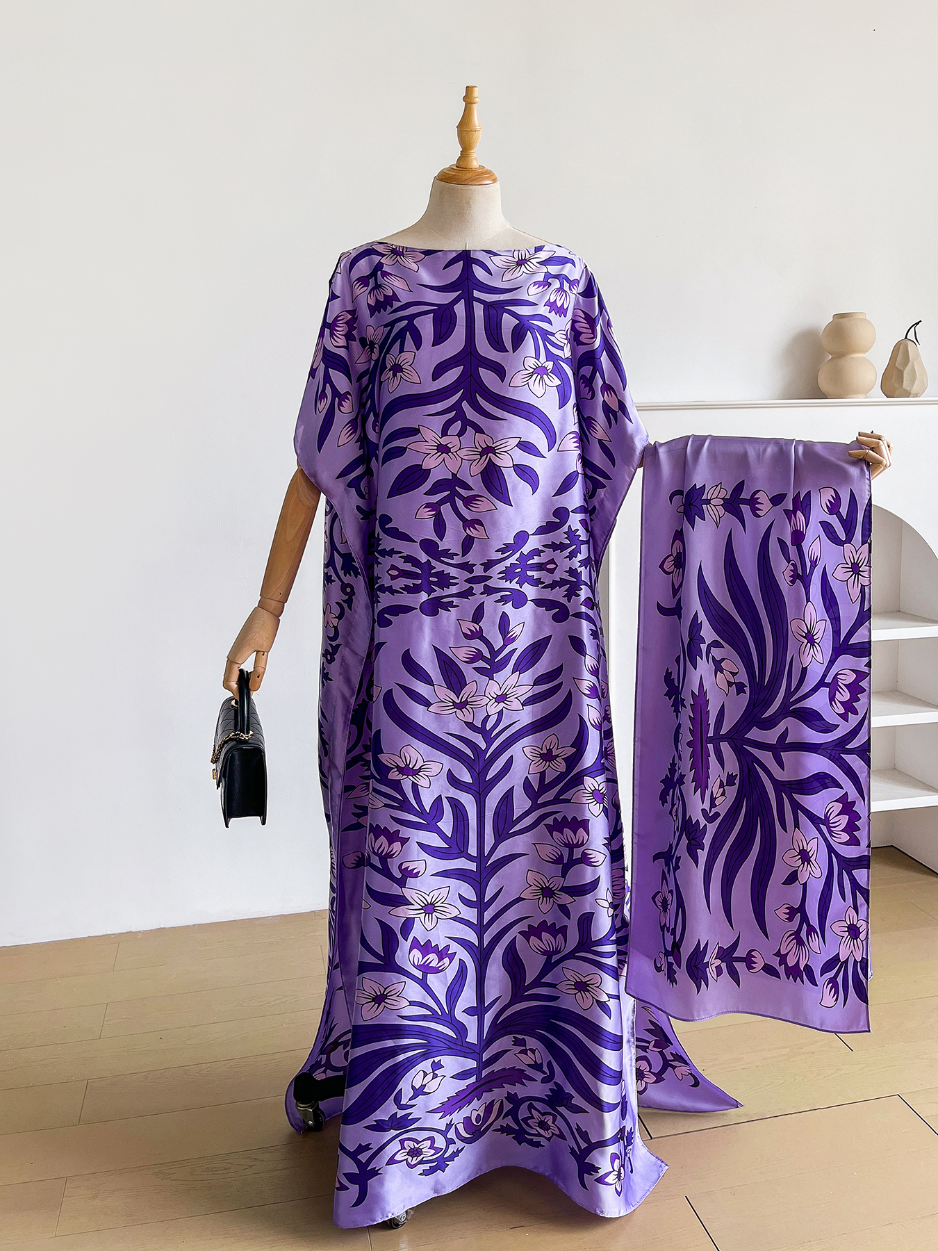 Robe Abaya Kaftan à imprimé floral bohème avec écharpe, robe maxi ample à manches chauve-souris pour femmes musulmanes, tenue de plage et de vacances