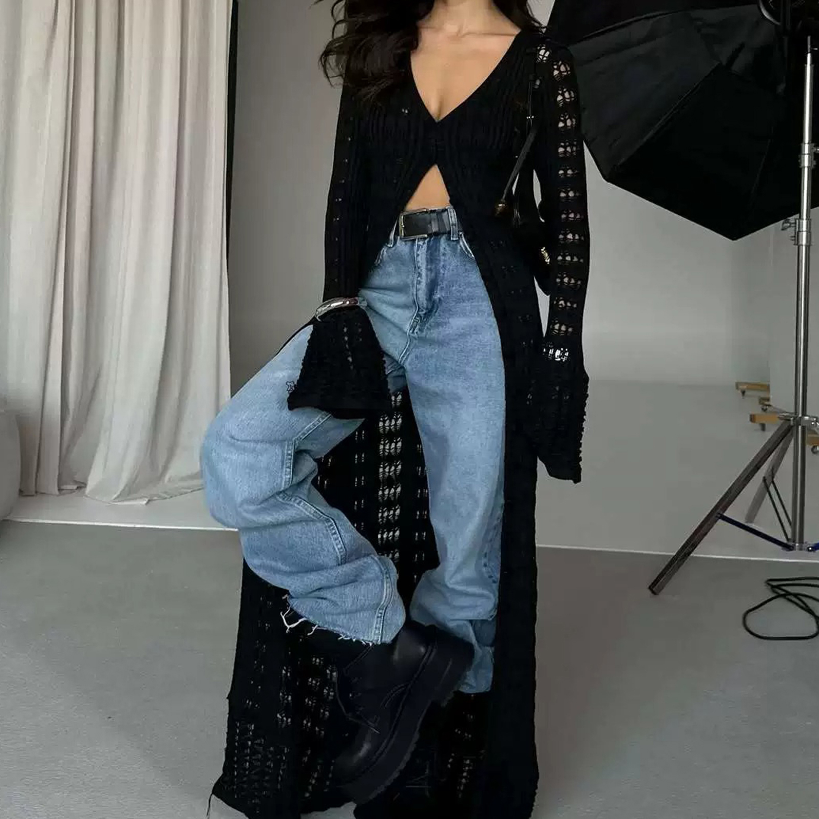 Cardigan Long pour femmes, mode Y2K, coupe cintrée, ouvert sur le devant, boutons, pull ajouré, col en V, manches longues, hauts tricotés, vêtements