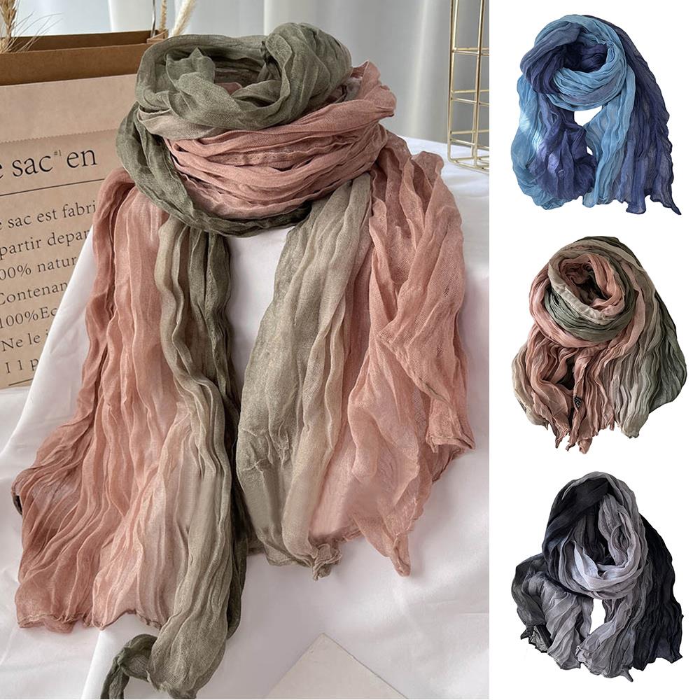 Écharpe en Coton et Chanvre pour Femme, Dégradé Bleu, Rétro Polyvalent, Imprimé, Long, Châle Doux, Nouvelle Tendance à la Mode, Automne et Hiver