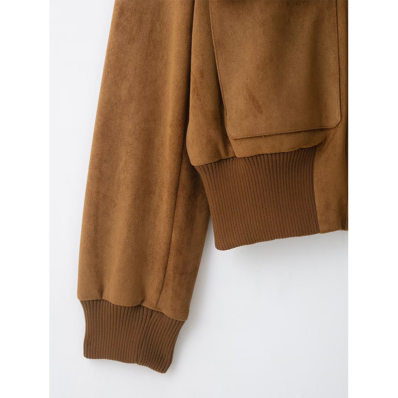 Vestes et Manteaux pour Femmes : Nouvelle Collection – Blouson Court en Suédine Côtelée Tendance, Col Montant, Manches Longues – Idéal Automne Hiver