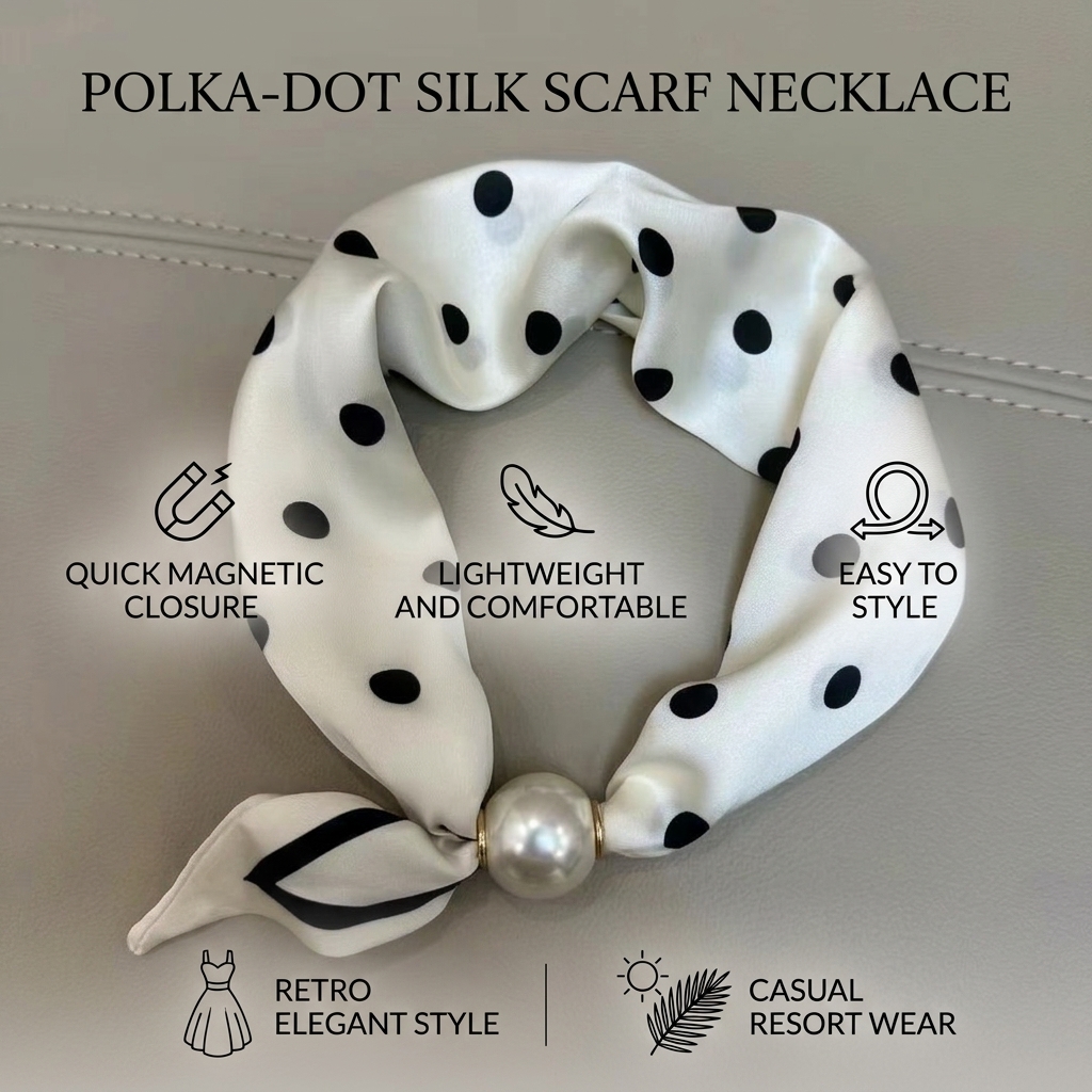 Collier Écharpe Magnétique Perles Chaîne Collier Rétro Français à Pois Noirs Ligne Noire Longueur Réglable Accessoires Femme Été