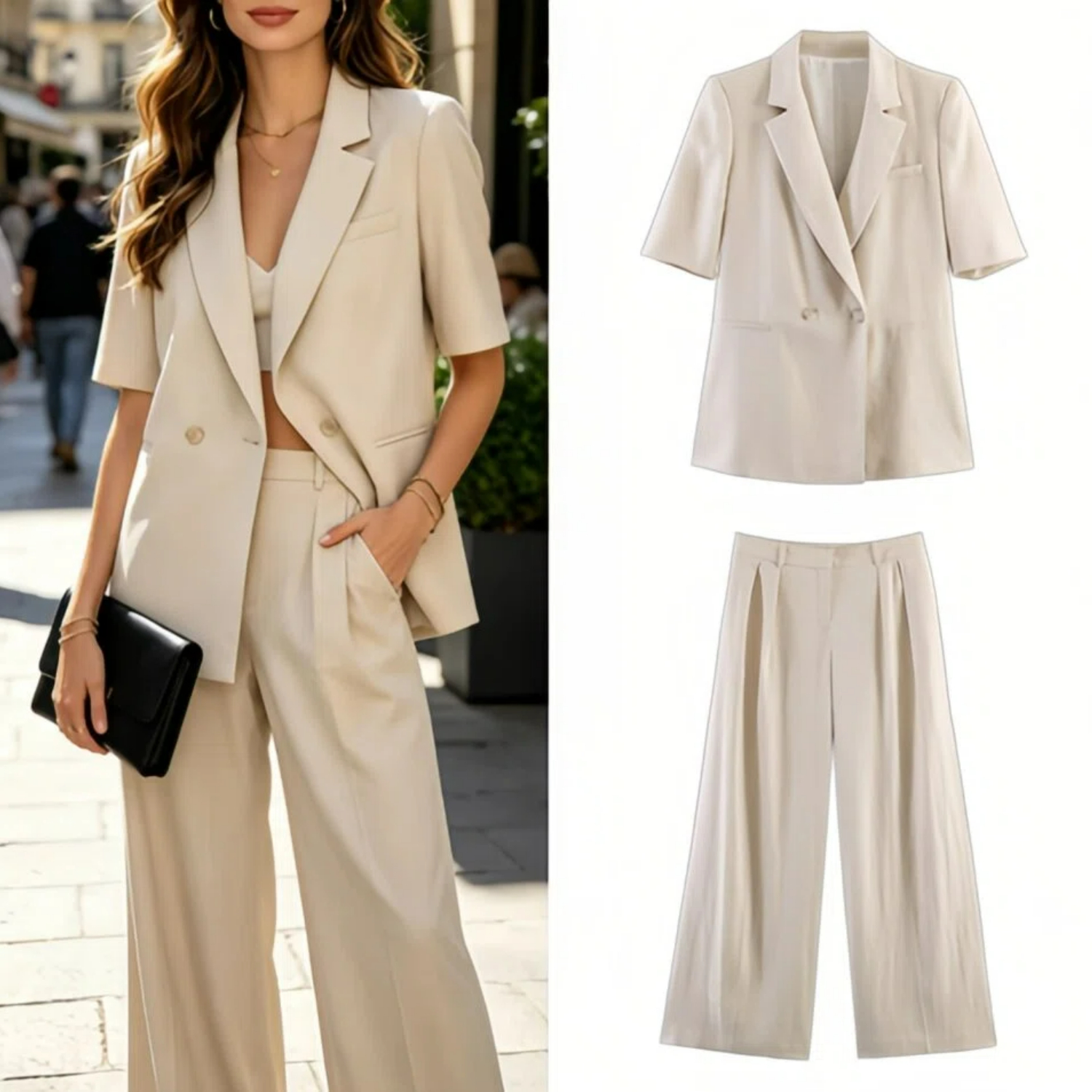 Ensemble tailleur deux pièces pour femme Été 2026 – Blazer croisé à manches courtes et pantalon taille haute à jambes larges – Tenue de bureau et de trajet pour femme