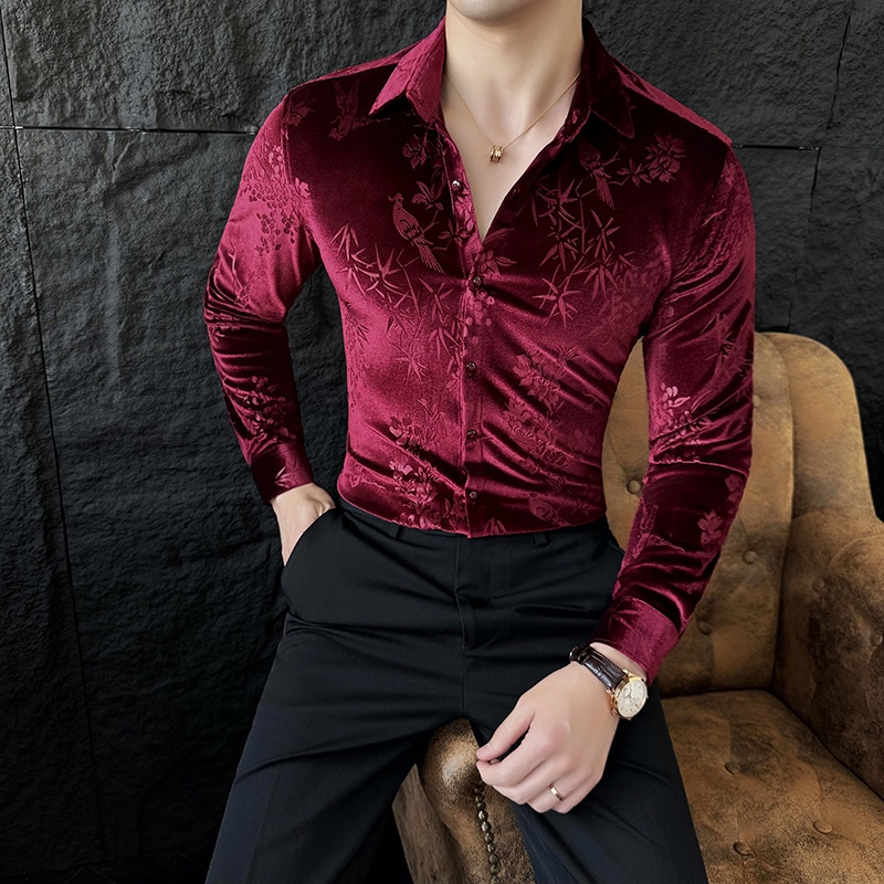 Chemise de luxe en velours et velours pour hommes, Slim, tenue décontractée, fête sociale, smoking, printemps, 2024