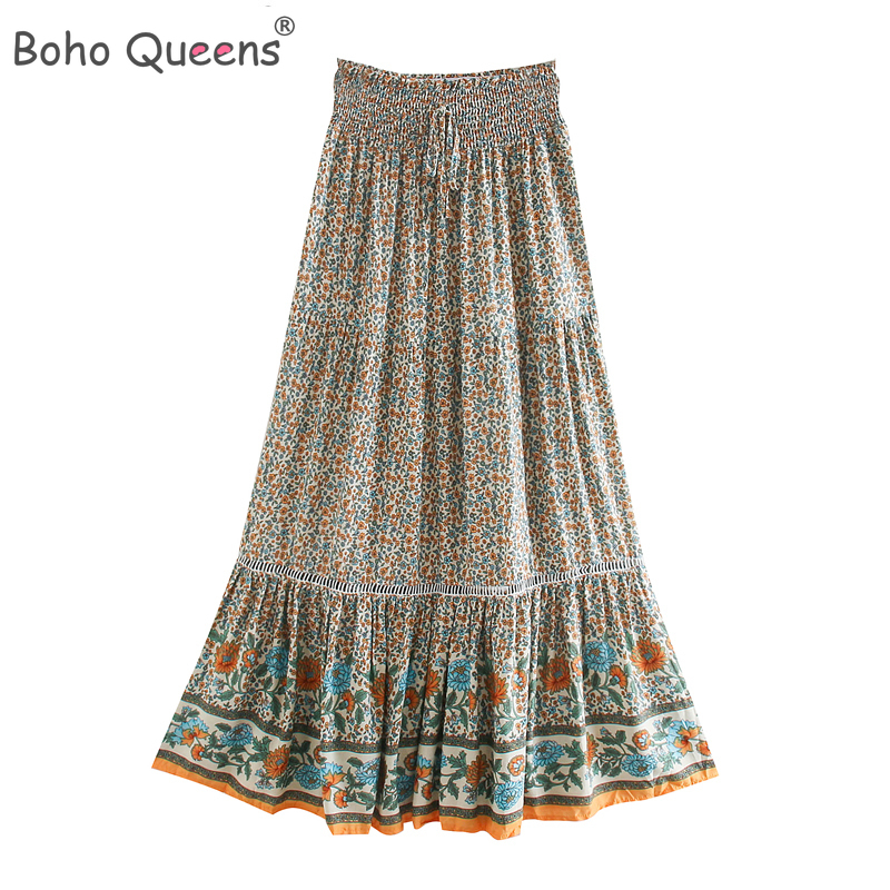 Boho Dinner ens-Jupe de plage beige à imprimé floral pour femmes, taille haute élastique, rayonne, coton plissé, maxi gitane