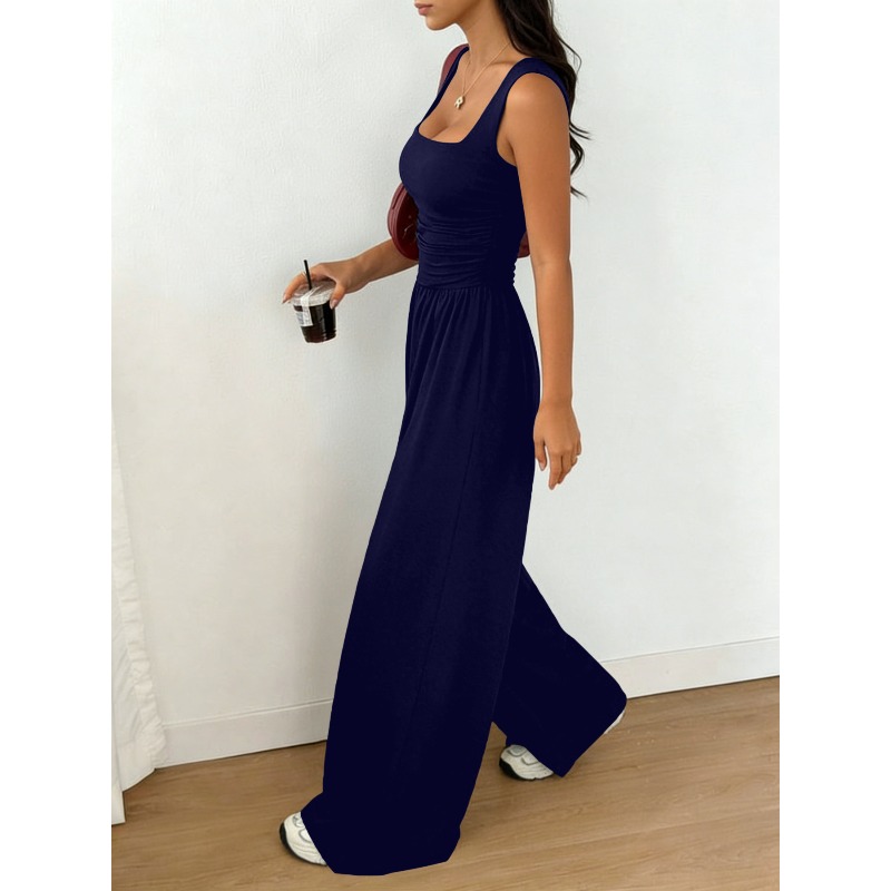 Ensemble deux pièces pour femme : débardeur froncé à col carré et pantalon taille haute à poches larges, couleur unie, style décontracté, streetwear, tenue assortie