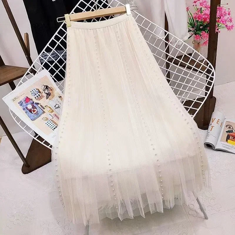 Jupes en tulle plissées à perles pour femmes, nouvelle mode coréenne 2026, vêtements décontractés, faldas, taille haute, mi-longueur, noir, rose, jupe kawaii