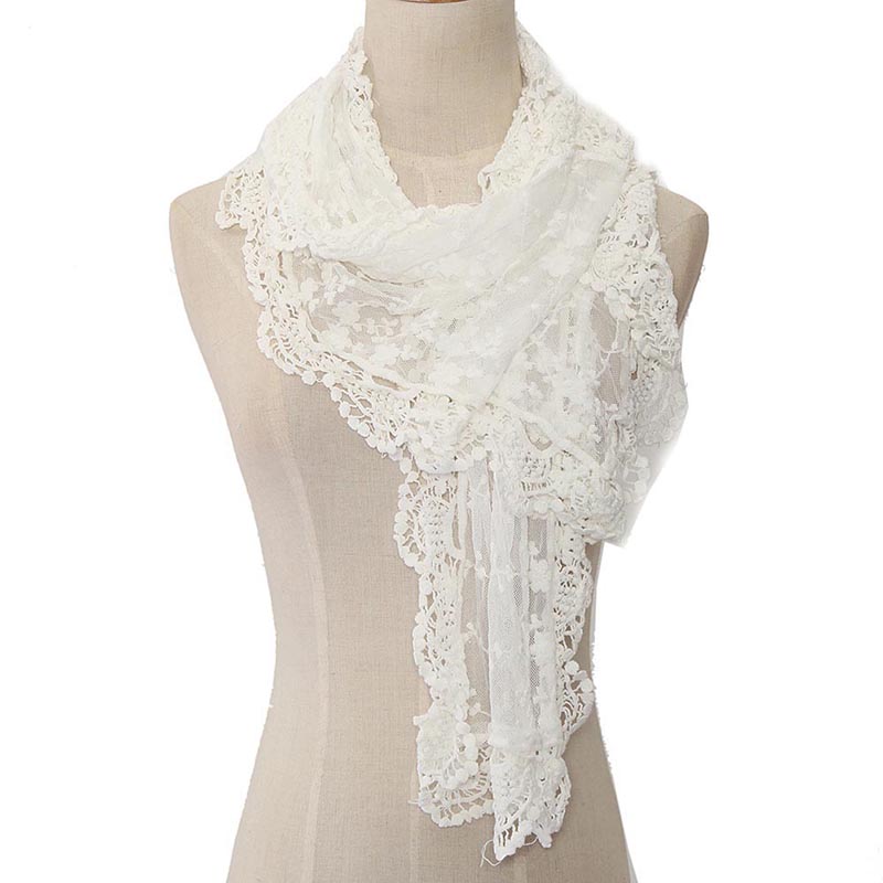 Nouveau élégant femmes longue écharpe broderie florale Crochet maille dentelle garniture châle foulards mode Lolita princesse doux Beige écharpe