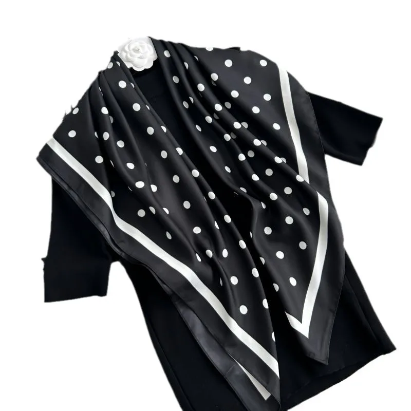 Foulard de luxe léger en soie sergé imprimé à pois noir et blanc, haut de gamme, 90x90, pour femmes, offre spéciale