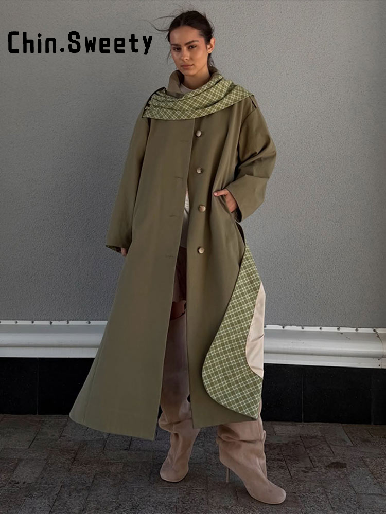 Manteau long trench à col montant ample et manches longues pour femme, coupe-vent fendu à boutonnage simple avec écharpe à carreaux, manteau d'automne 2026 pour femme