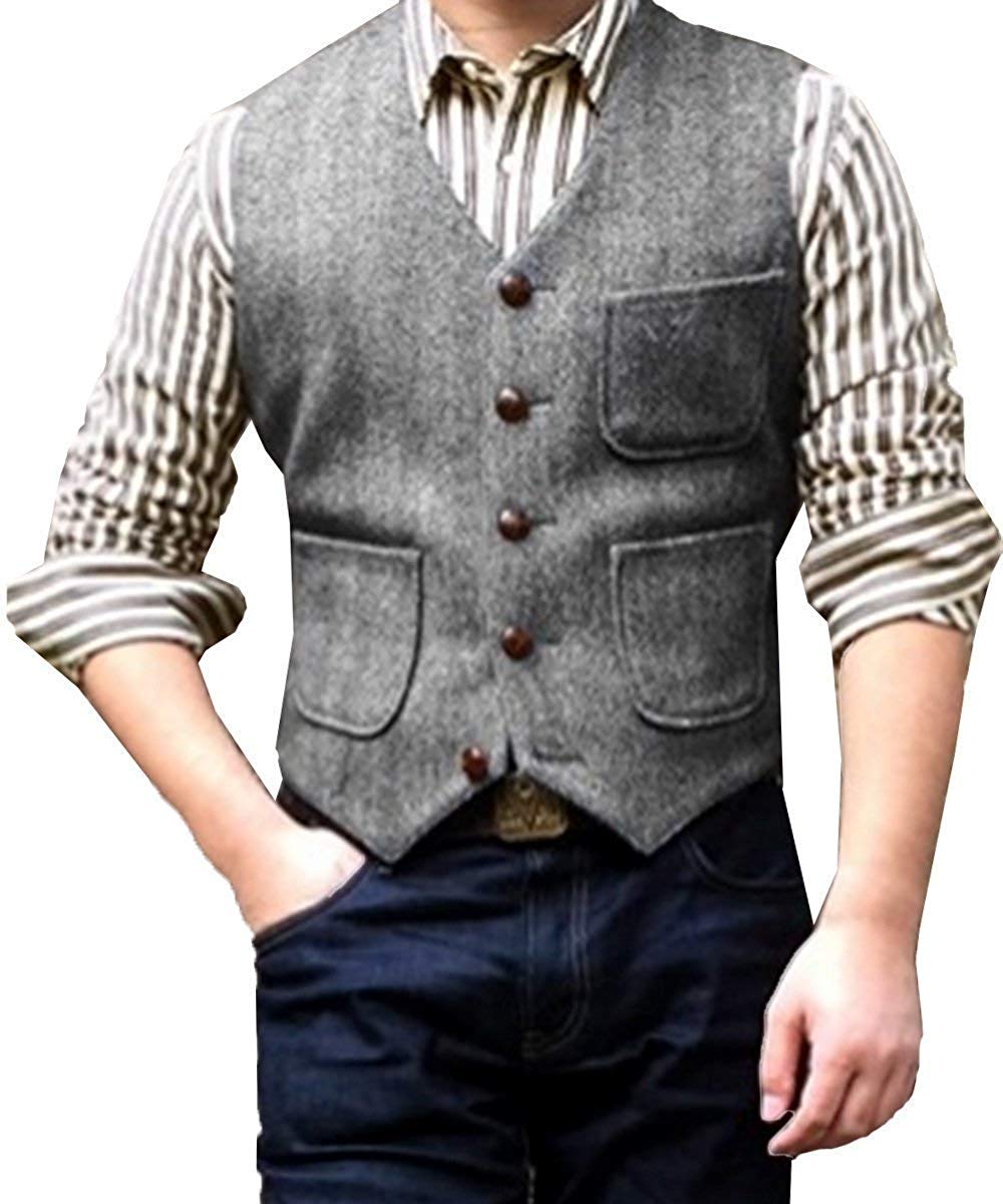 Costume formel pour hommes, col en V, laine à chevrons Tweed, gilet décontracté, gilet d'affaires formel pour marié pour mariage, vert/noir/marron