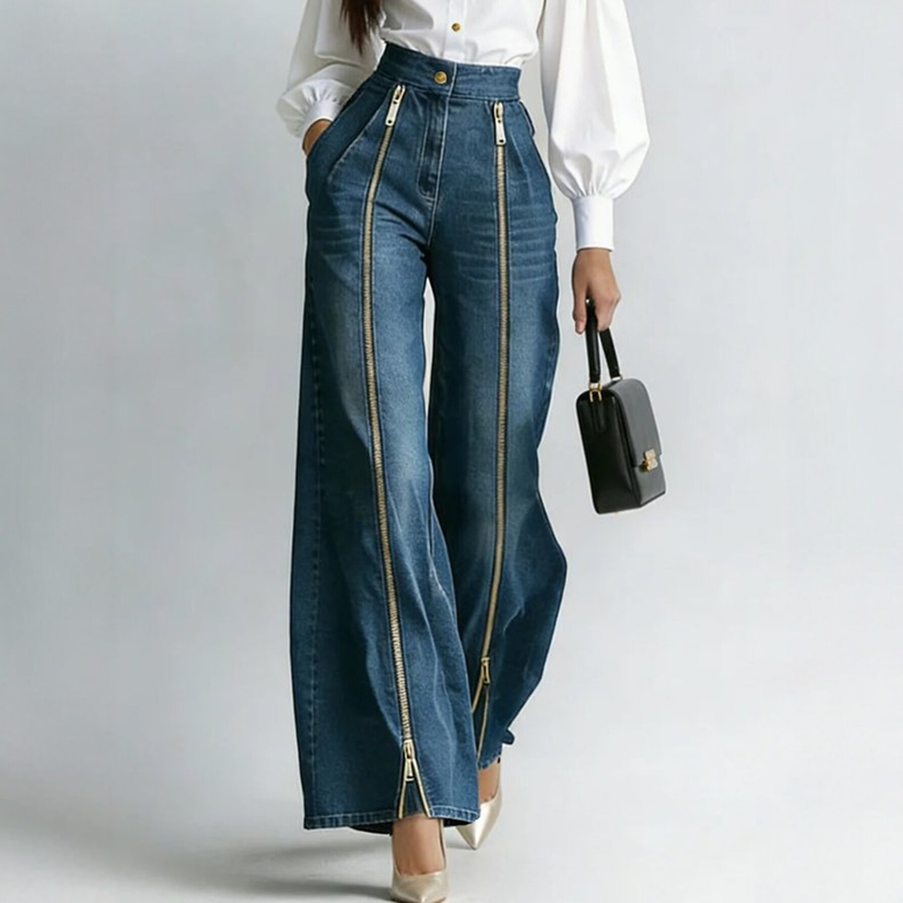 Jean décontracté pour femme à taille haute, coupe large, avec fermeture éclair décorative et poches obliques, élégant et ample en denim