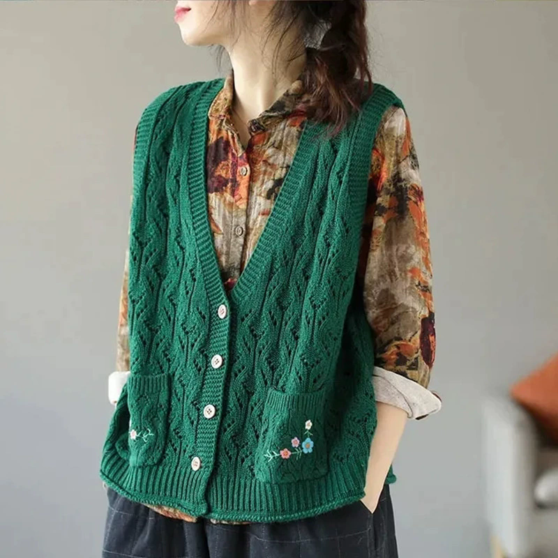 Gilet en tricot de mode coréenne pour femme, sans manches, avec poche fleurie, printemps-été, style vintage