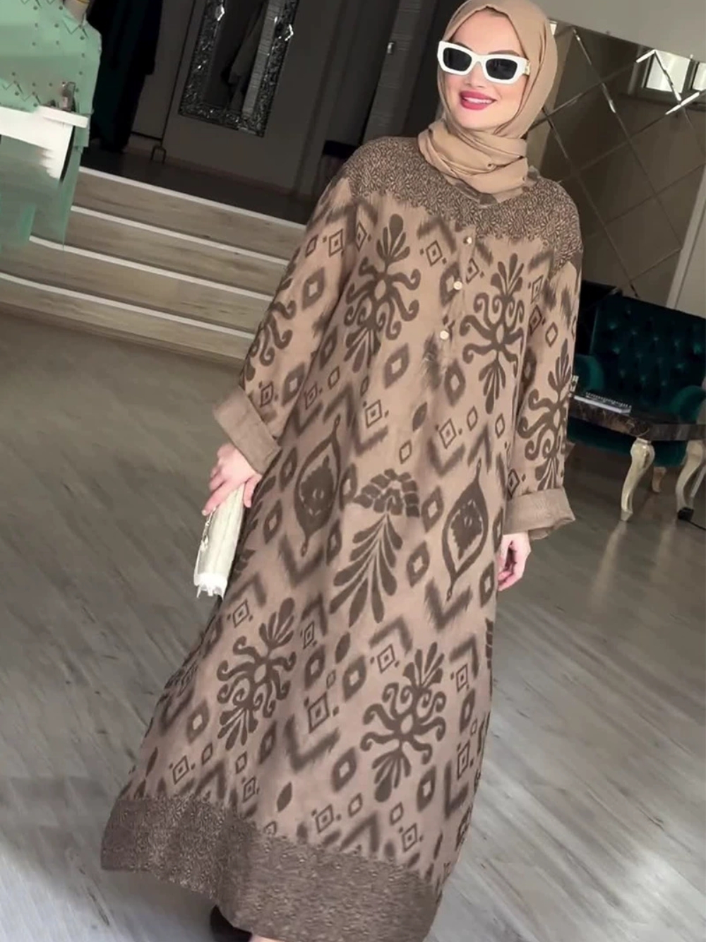 Robe de soirée ample imprimée musulmane, charmante Robe de Cocktail à col haut, Abaya Vintage, Kaftan pour femmes, quatre saisons, 2026