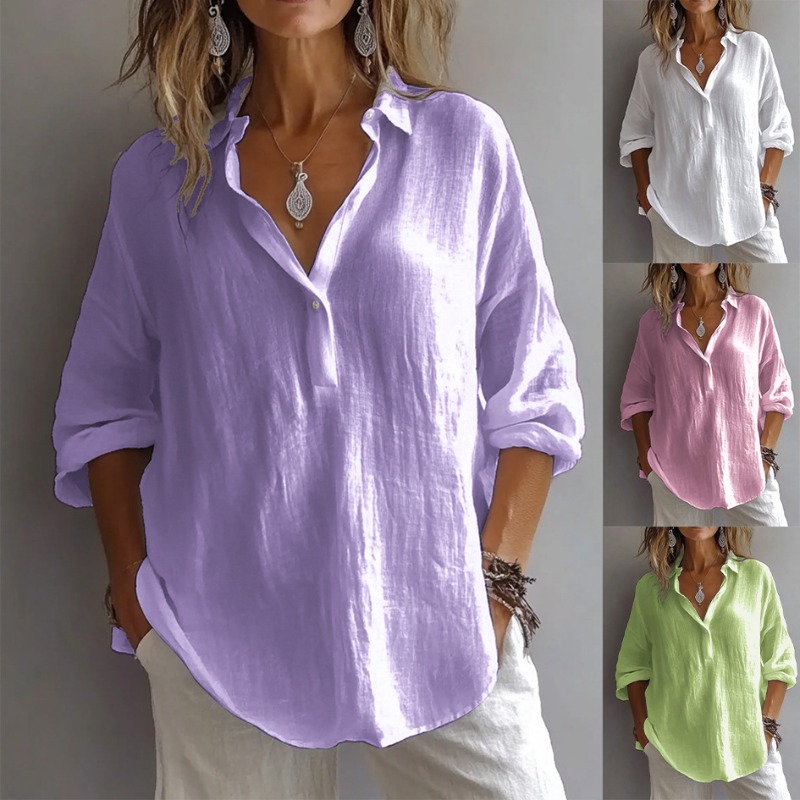 Chemisier en coton et lin pour femme, manches longues, col rabattu, couleur unie, décontracté, ample, respirant, idéal pour l'été et le bureau