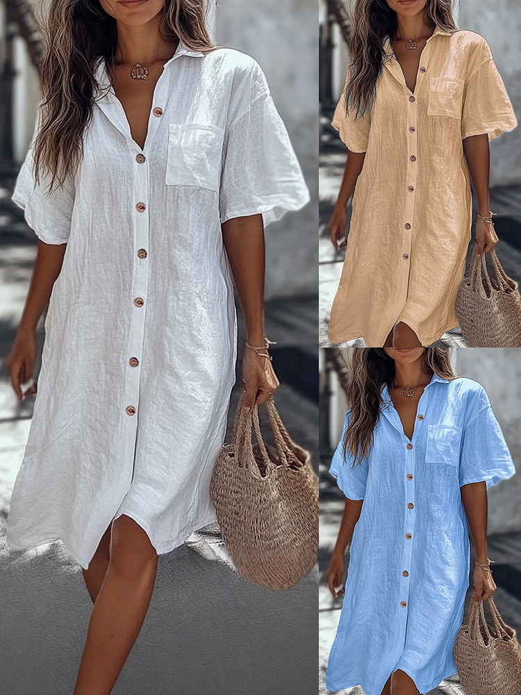 Robe chemise élégante pour femme avec poche, manches courtes, col boutonné, décontractée, ample, pour la plage