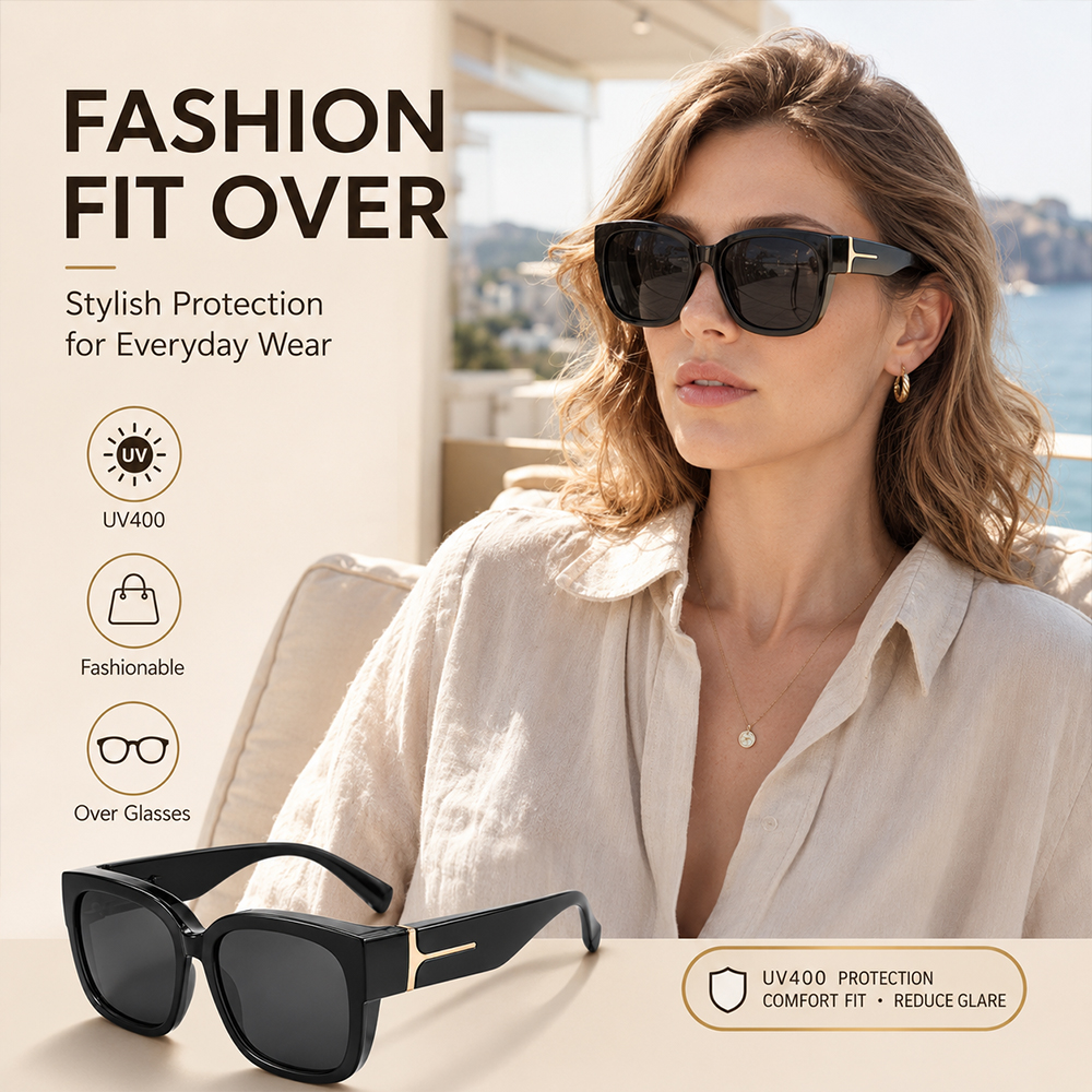 Lunettes de soleil polarisées à porter par-dessus des lunettes pour femmes, lunettes de soleil carrées surdimensionnées pour la conduite et les activités de plein air, protection UV400