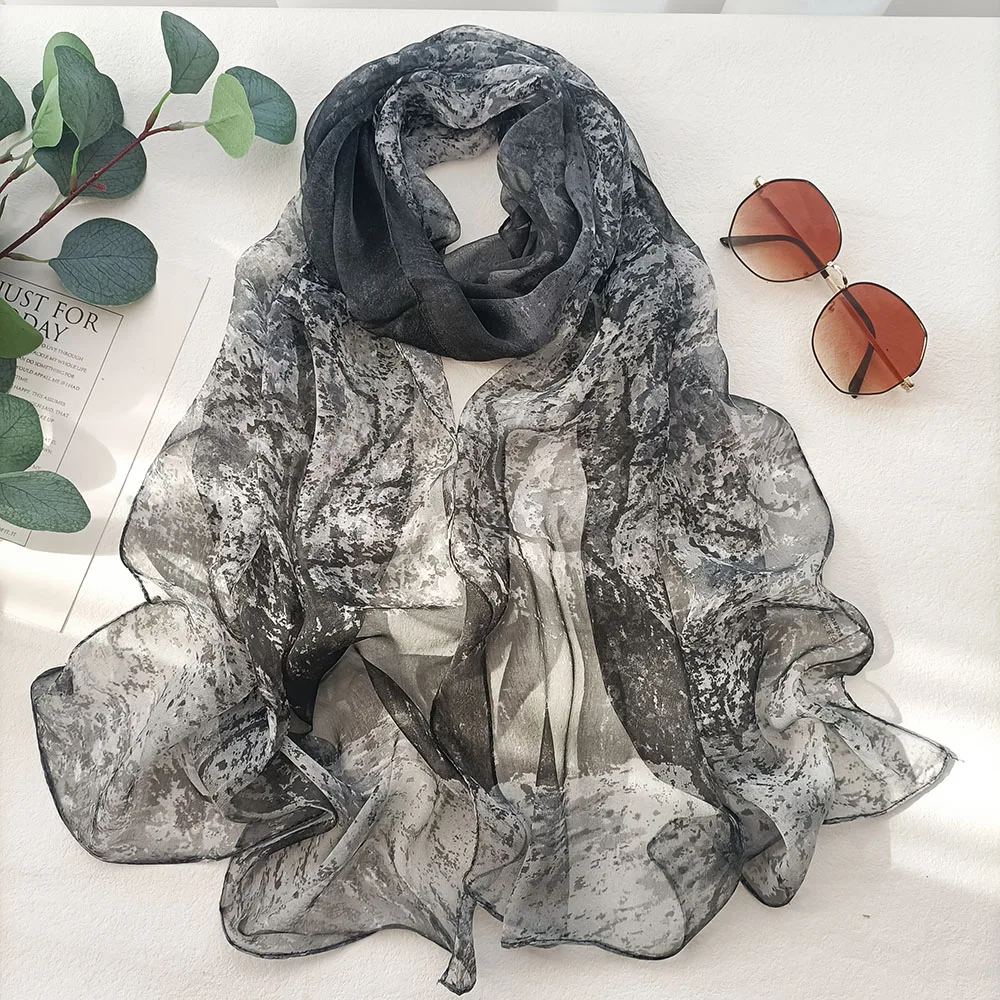 Été arbre de vie en mousseline de soie crème solaire Foulard en soie plage longues écharpes châle femmes léger respirant Georgette Foulard Bandana