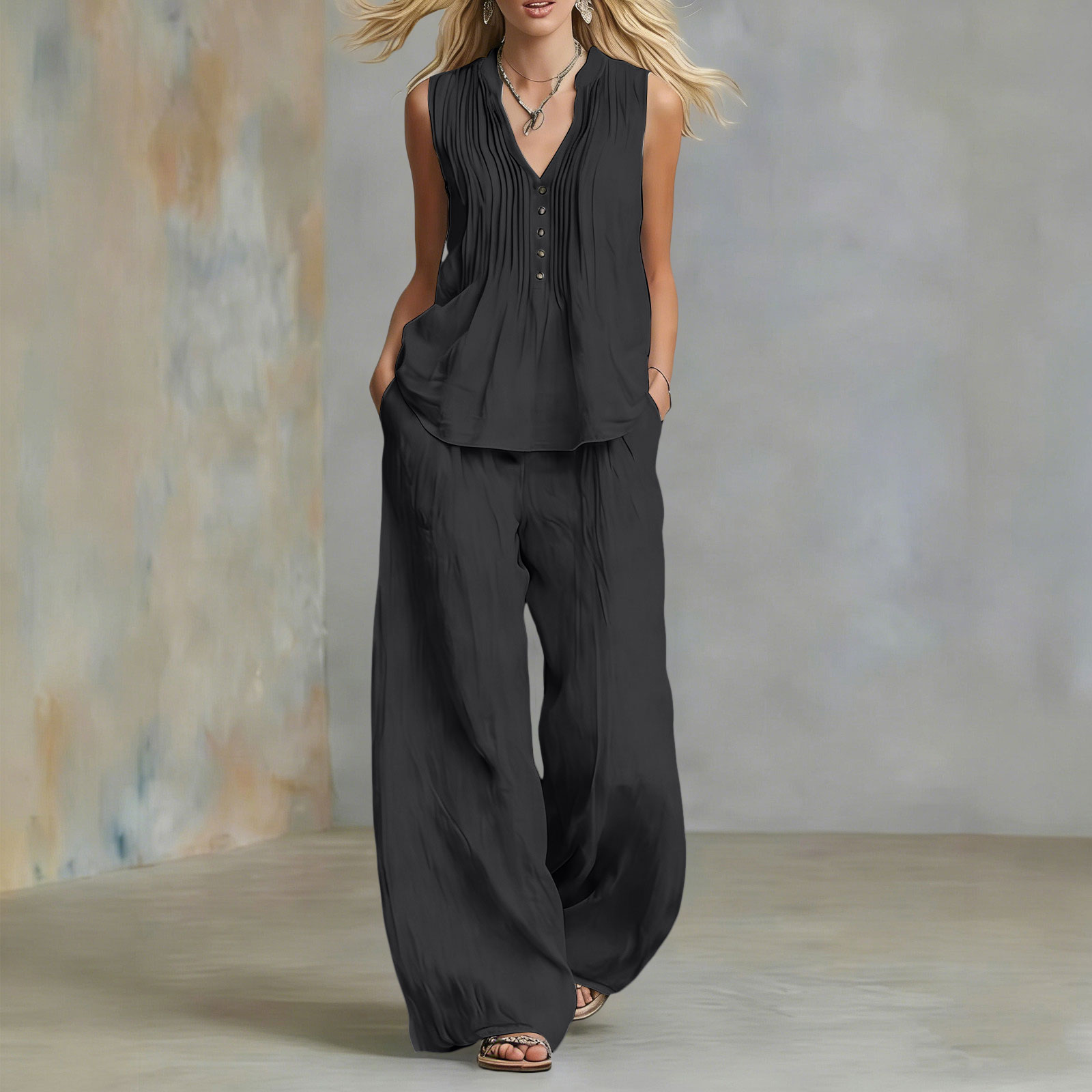 Ensemble deux pièces décontracté pour femme : Gilet sans manches et pantalon long à jambes larges, col en V, couleur unie, pour l'été