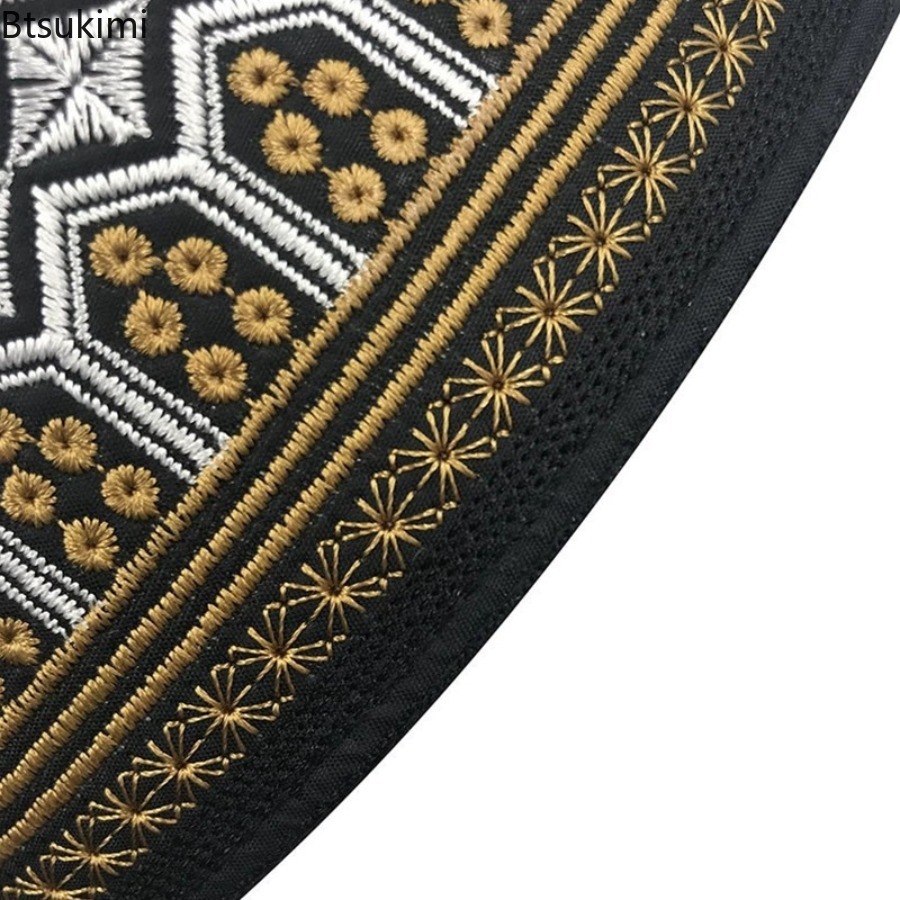Chapeaux Turban brodés en relief pour hommes, chapeau de prière islamique Kufi respirant, Eid Ramadan, Hijabs, casquettes à la mode, chapeaux de crâne musulmans