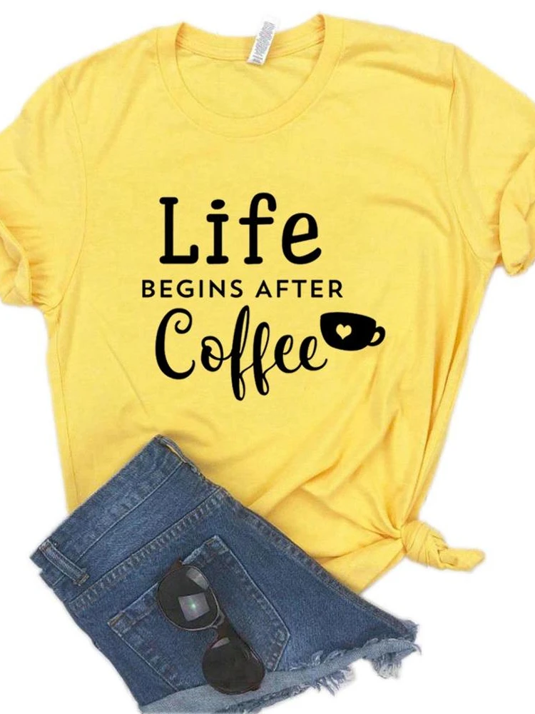 T-shirt manches courtes col rond femme, décontracté, imprimé Life Begins After Coffee