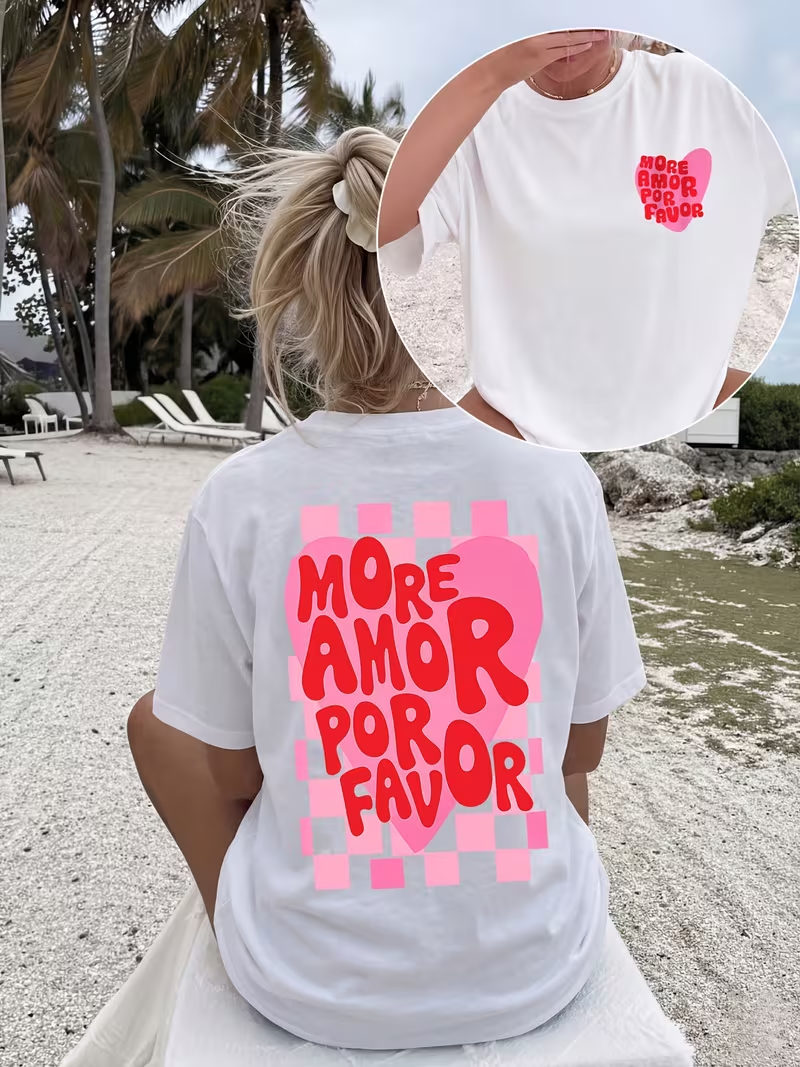 T-shirt pour femme, imprimé cœur et damier 'More Amor Por Favor', décontracté, ample, streetwear, pour le quotidien, durable